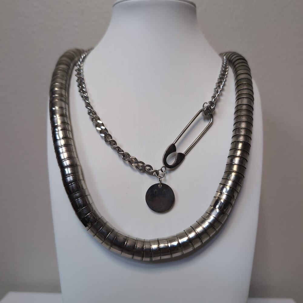Layered Silver Tone Snake Chain And Safety Pin Necklace Set